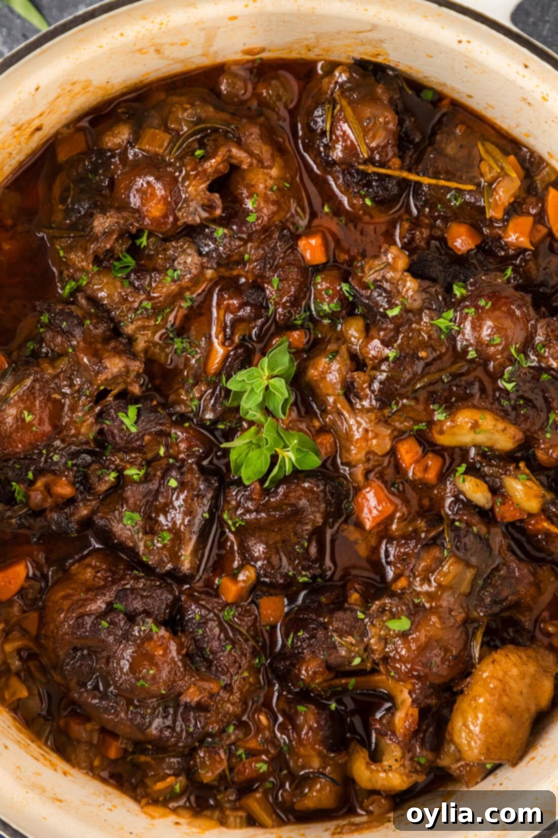 Tender Slow Braised Oxtail 2 Close up photo of a pot of Braised Oxtail, showcasing the rich, dark sauce and tender meat.