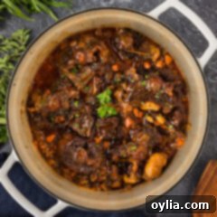 Tender Slow Braised Oxtail 11 Overhead photo of a pot of Braised Oxtail, ready to serve.
