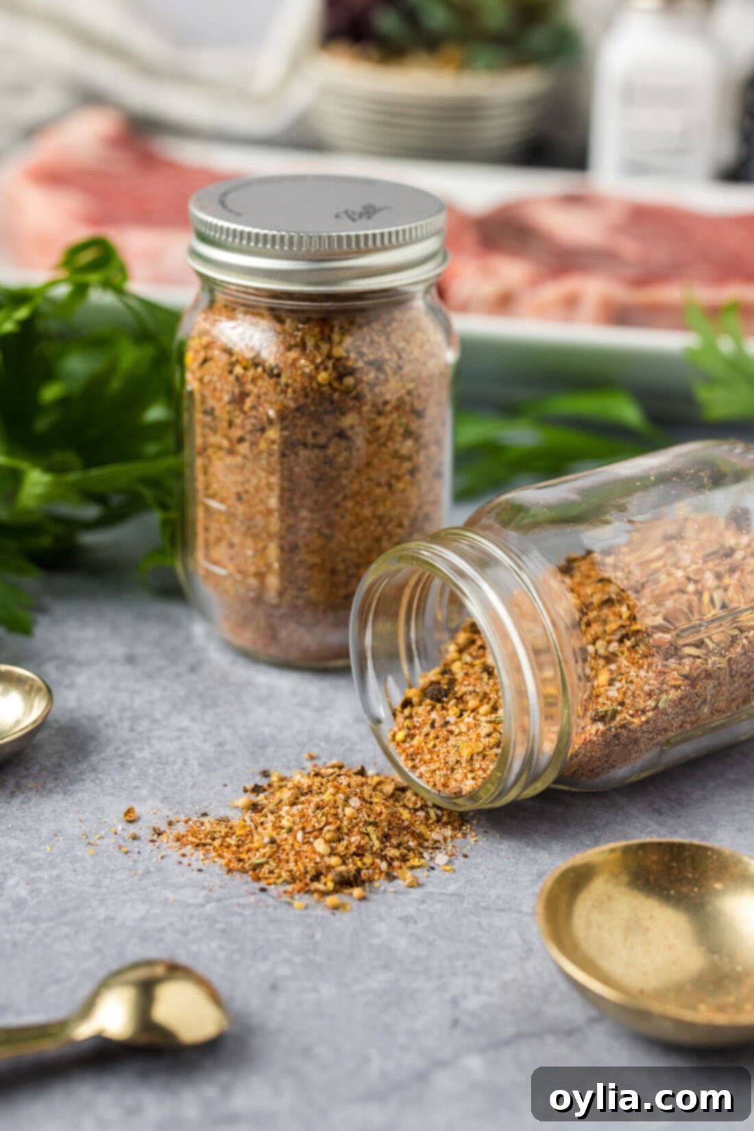 DIY Montreal Steak Rub 6 Spice jars filled with Homemade Montreal Steak Seasoning