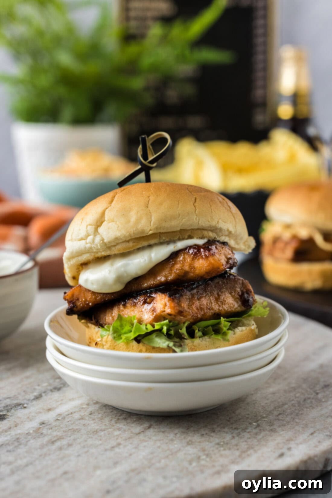 Gourmet Salmon Sliders 10 Salmon Slider on a stack of plates