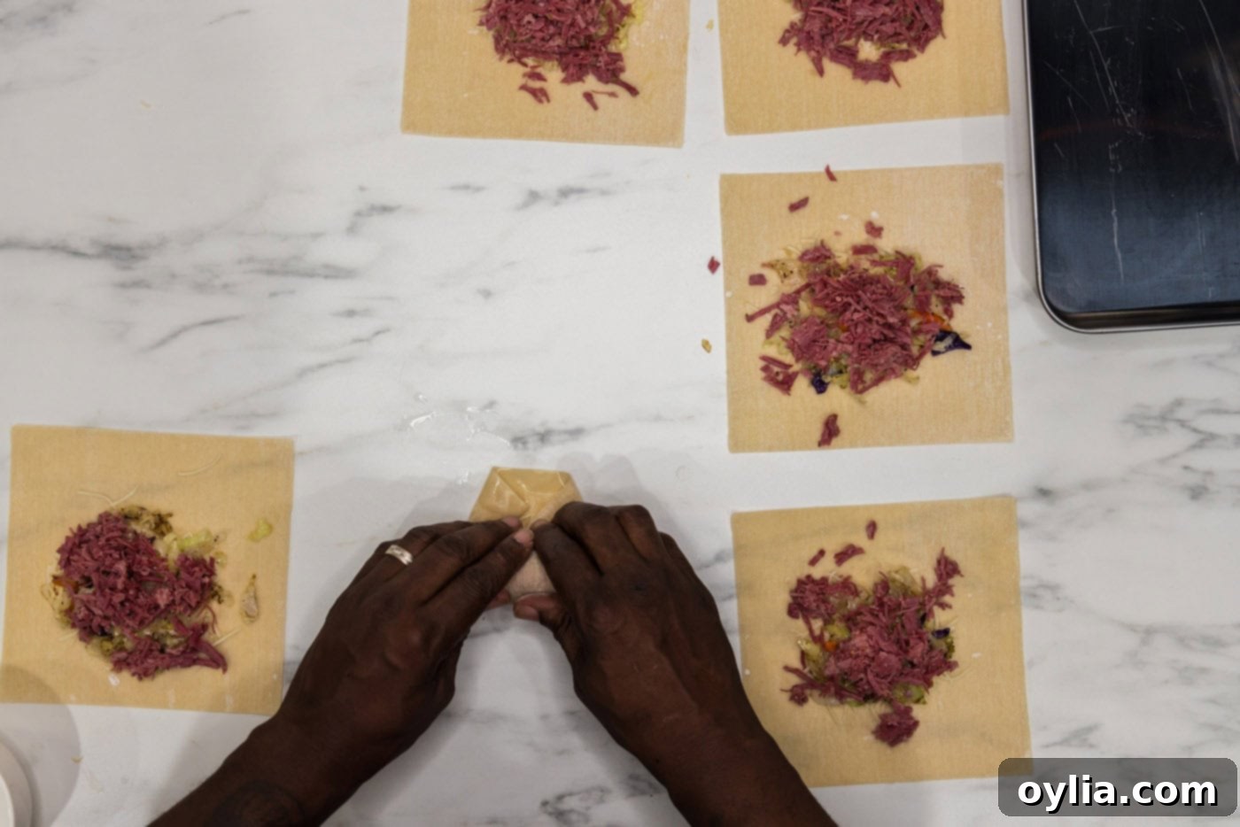 hands folding egg roll wrappers