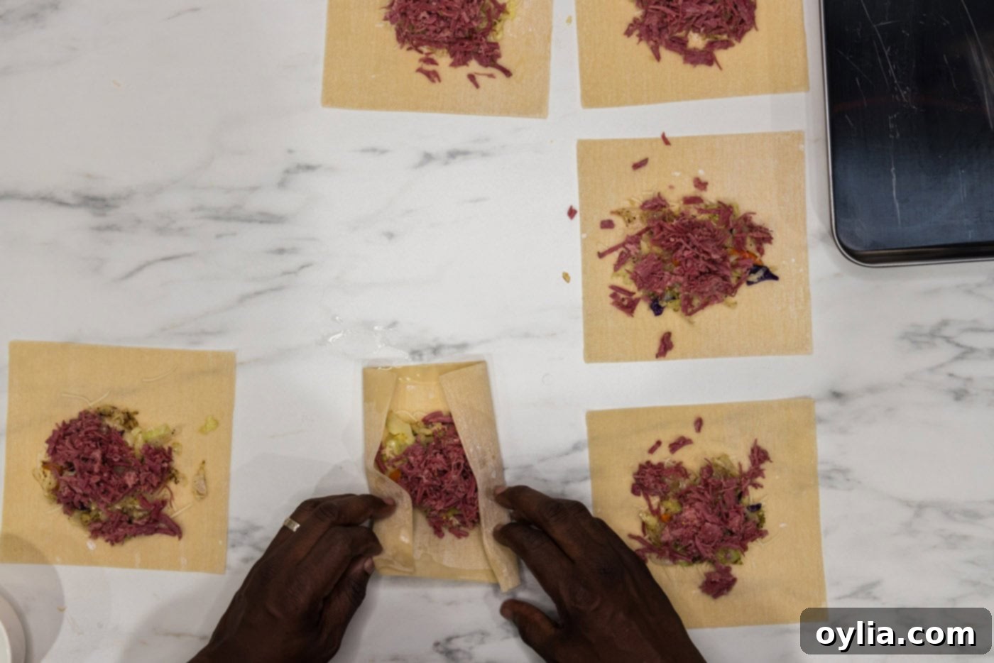 wrapping egg rolls with filling