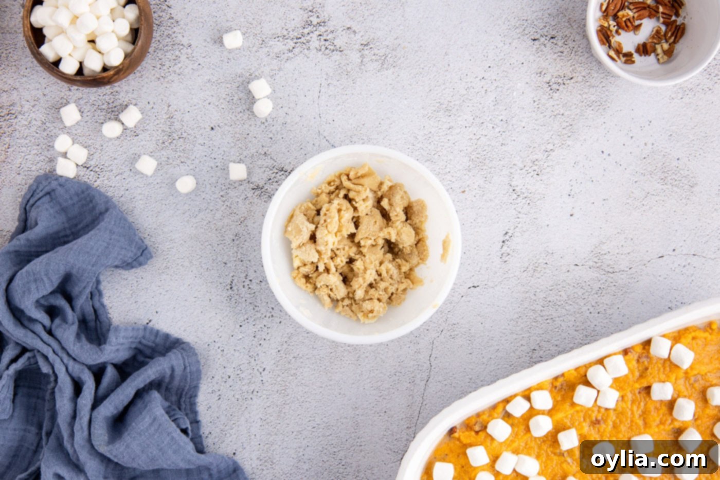 streusel topping crumbled in a small bowl