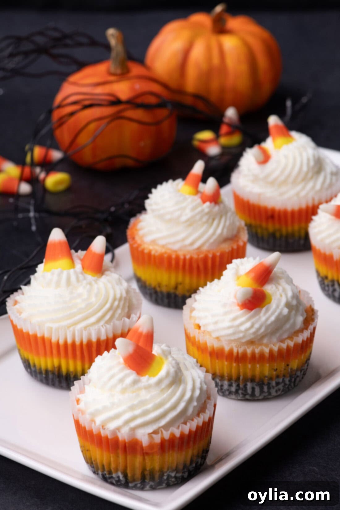 Mini Candy Corn Cheesecakes on a white platter with pumpkins in the background, a festive Halloween dessert