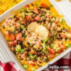 Close up photo of Cheeseburger Dip in a baking dish
