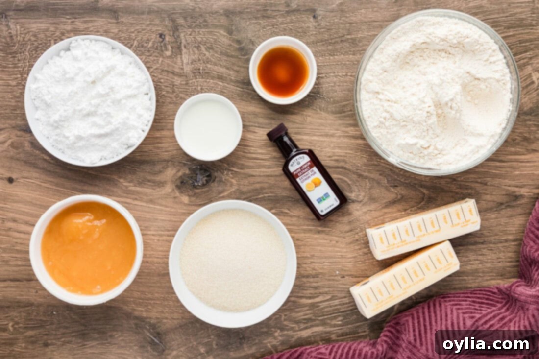 All ingredients for Lemon Streusel Squares, including flour, sugar, cold butter, lemon curd, powdered sugar, and lemon extract, artfully arranged on a kitchen counter.