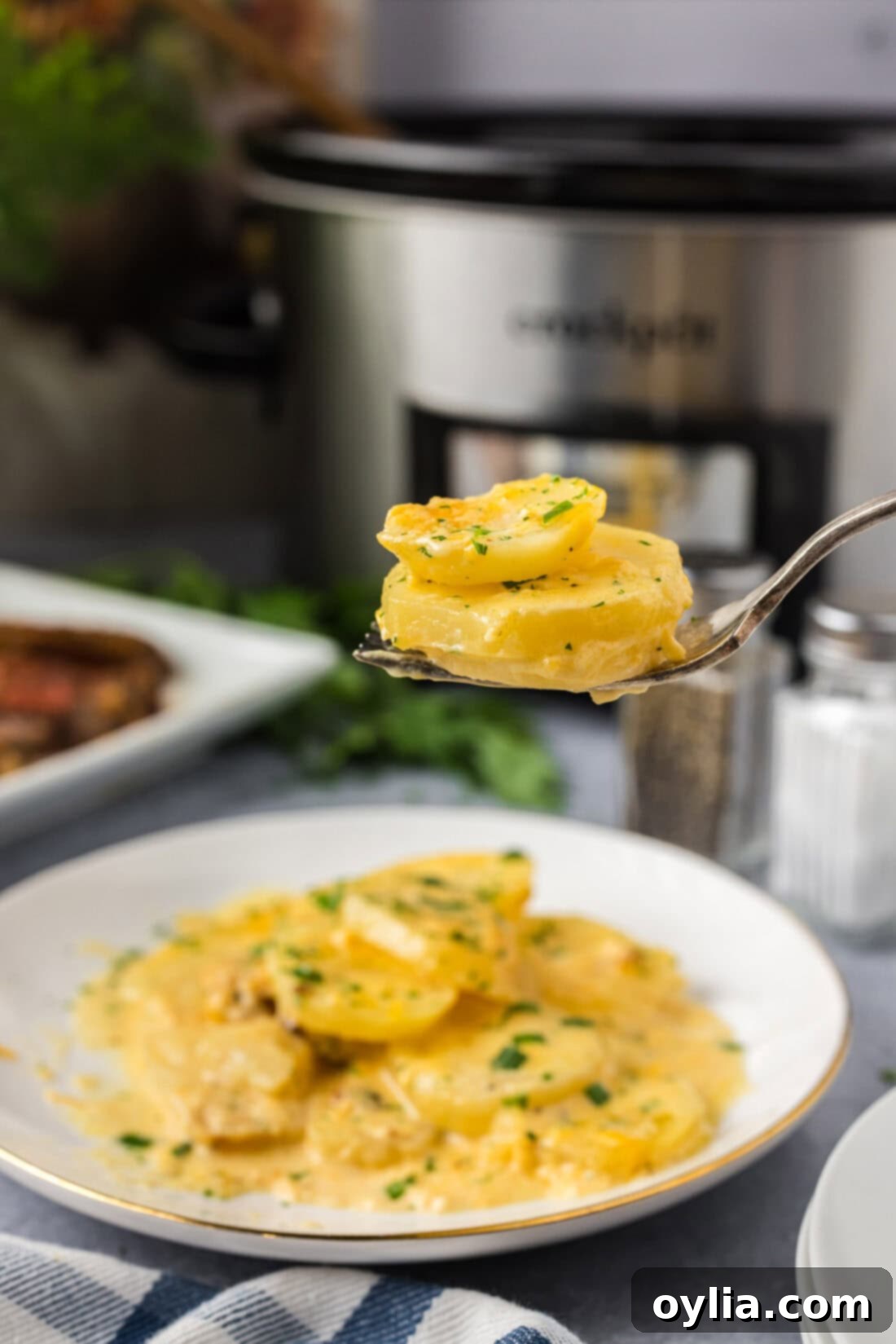 Creamy Slow Cooker Scalloped Potatoes 2 Two Crockpot Scalloped Potatoes on a fork held above a plate of Crockpot Scalloped Potatoes