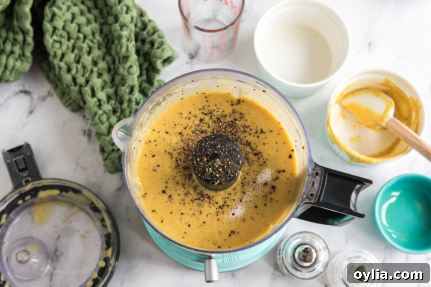 homemade honey mustard dressing, perfectly smooth in a food processor