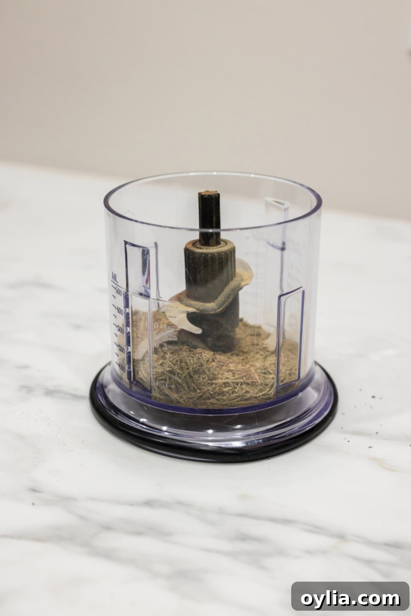 Rosemary, marjoram, thyme, sage, nutmeg, and pepper combined in an herb grinder, ready to be pulsed.