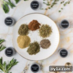 Plate of Poultry Seasoning ingredients with the spice jar lids to the side