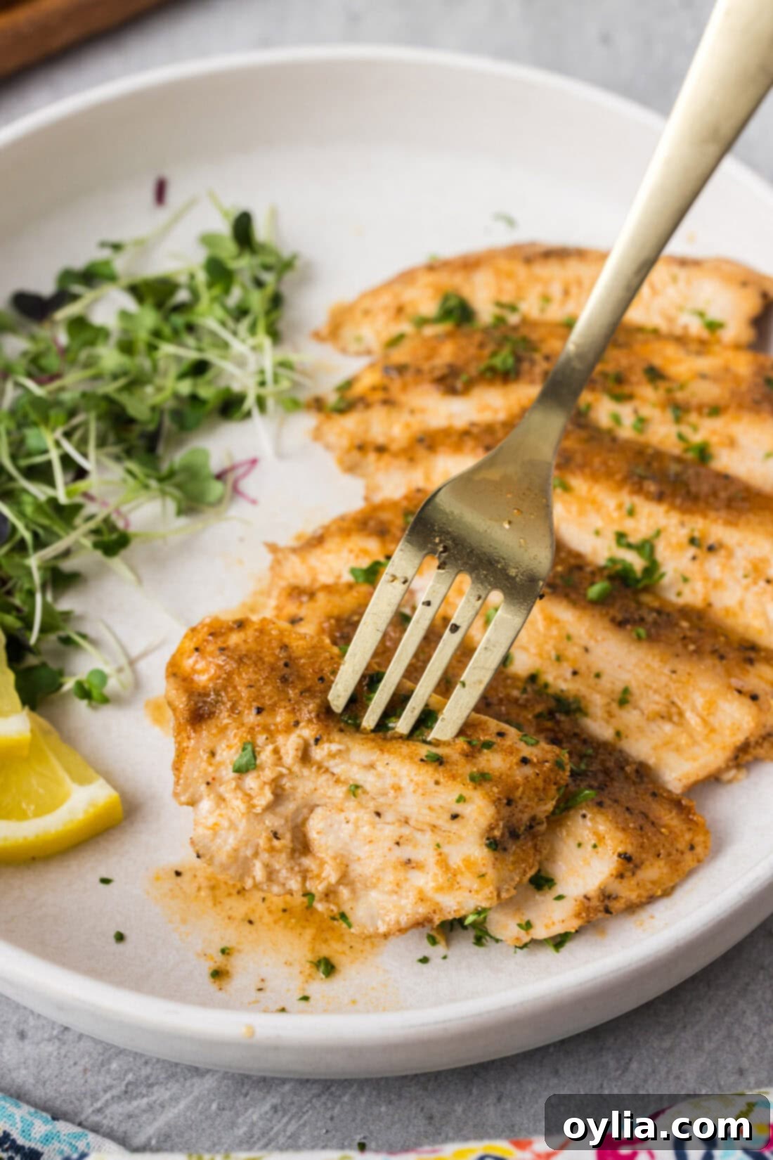 Close up of a fork piercing a piece of perfectly cooked Sous Vide Chicken Breast, highlighting its tenderness
