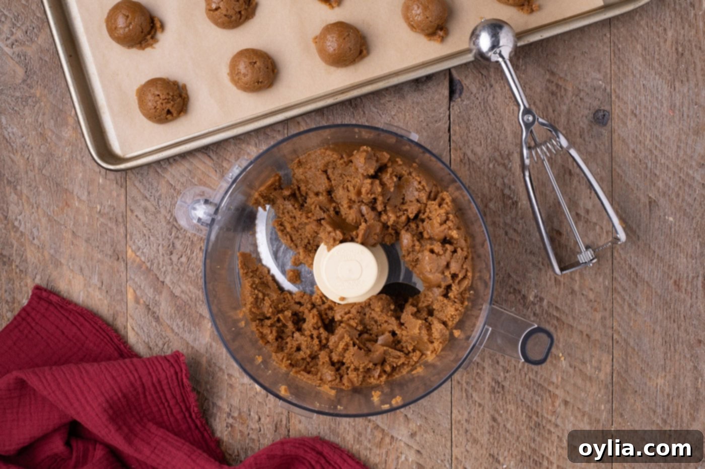 Gingerbread truffle mixture fully combined in a food processor bowl