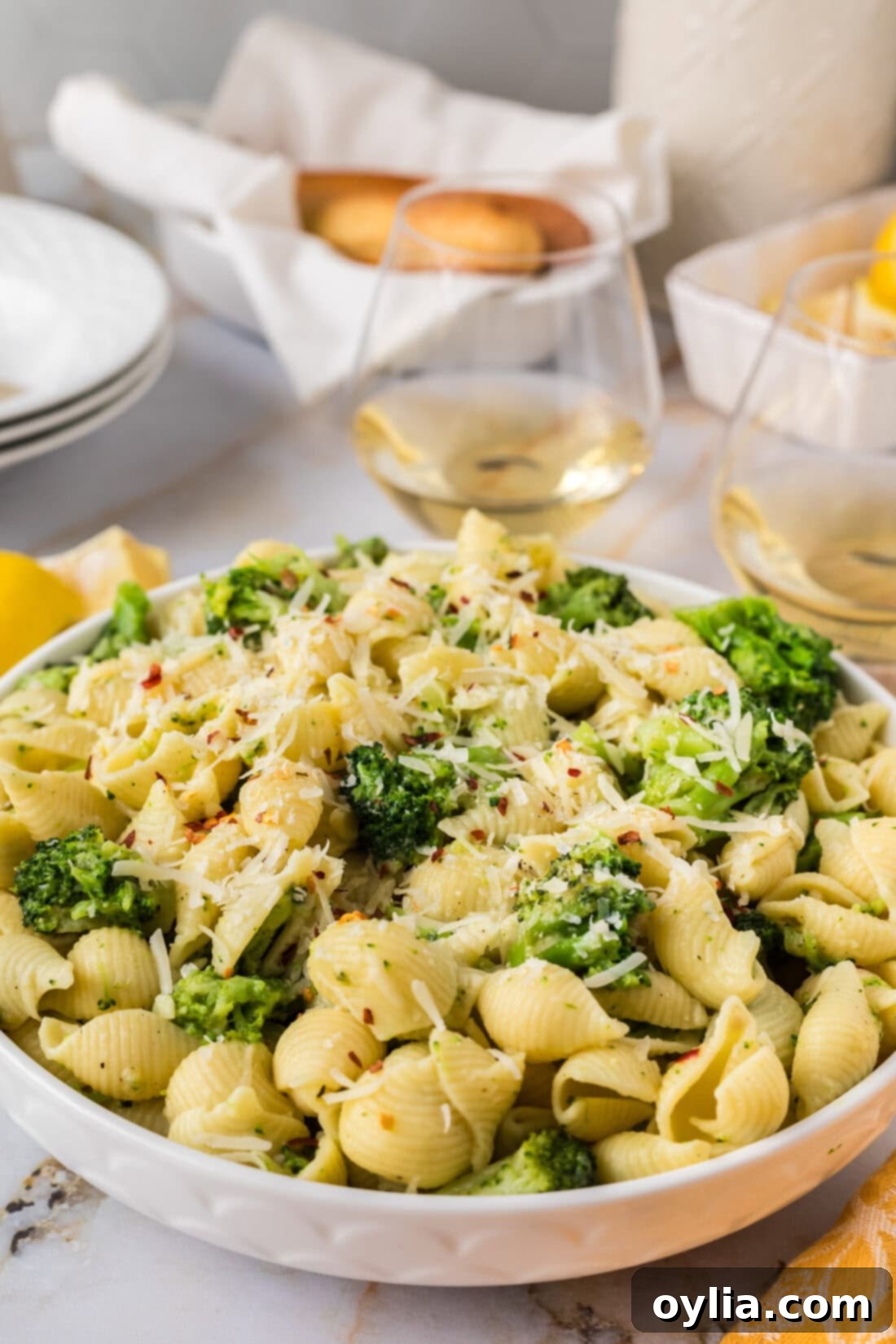Close up photo of a bowl of Broccoli Pasta