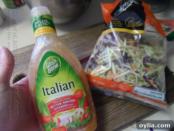 Step-by-step image showing the ingredients for 3-ingredient quick pasta salad: pasta, broccoli slaw, and salad dressing.