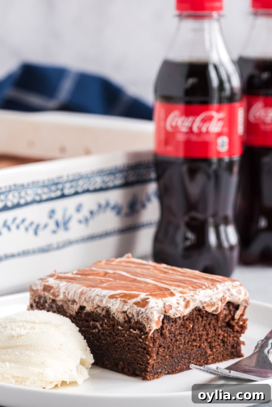 A slice of Cracker Barrel Coca Cola Cake served with a scoop of vanilla ice cream