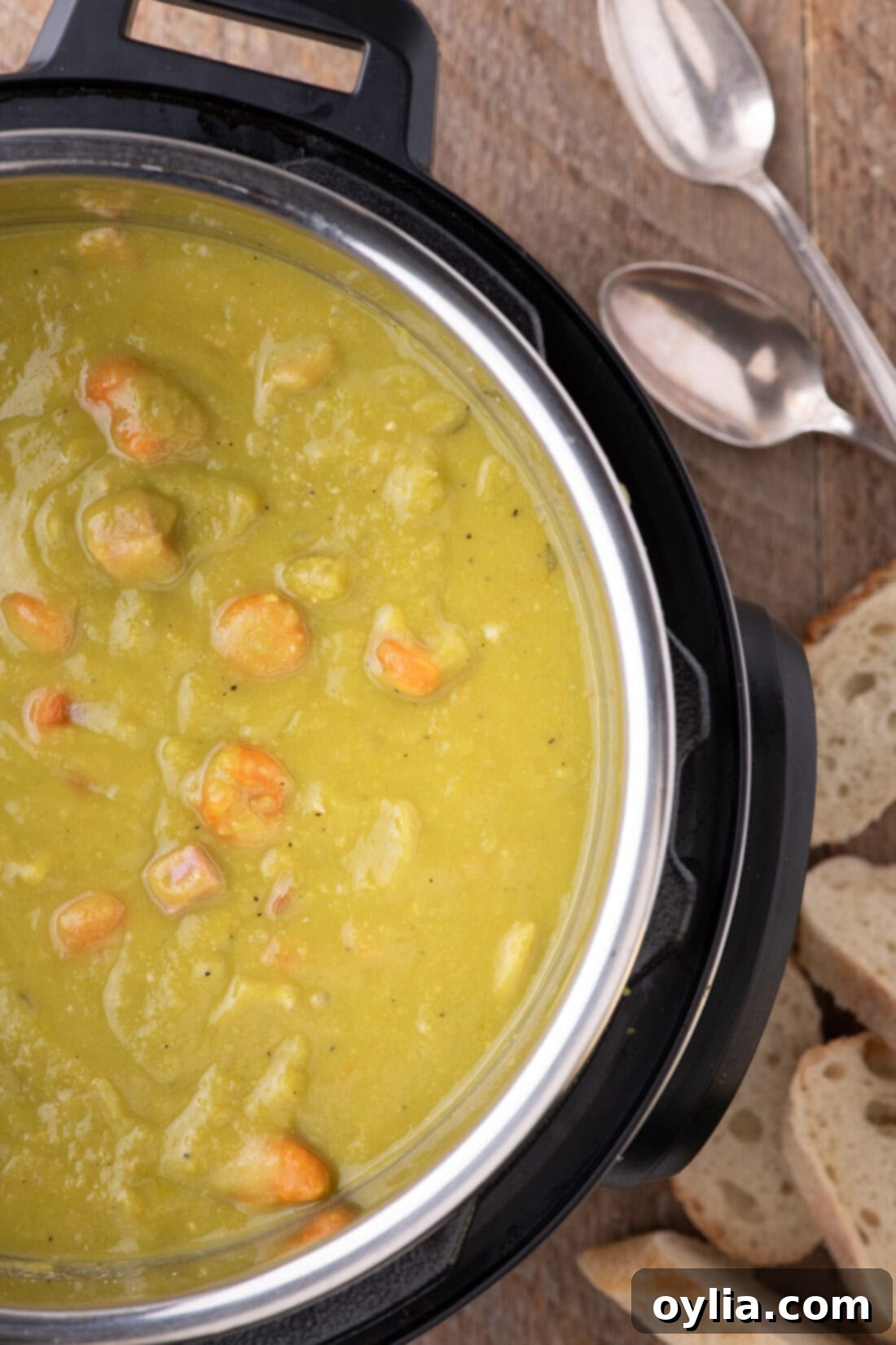 Hearty Instant Pot Split Pea Soup 3 Close up photo of an Instant Pot full of Split Pea Soup, showing its thick and inviting texture