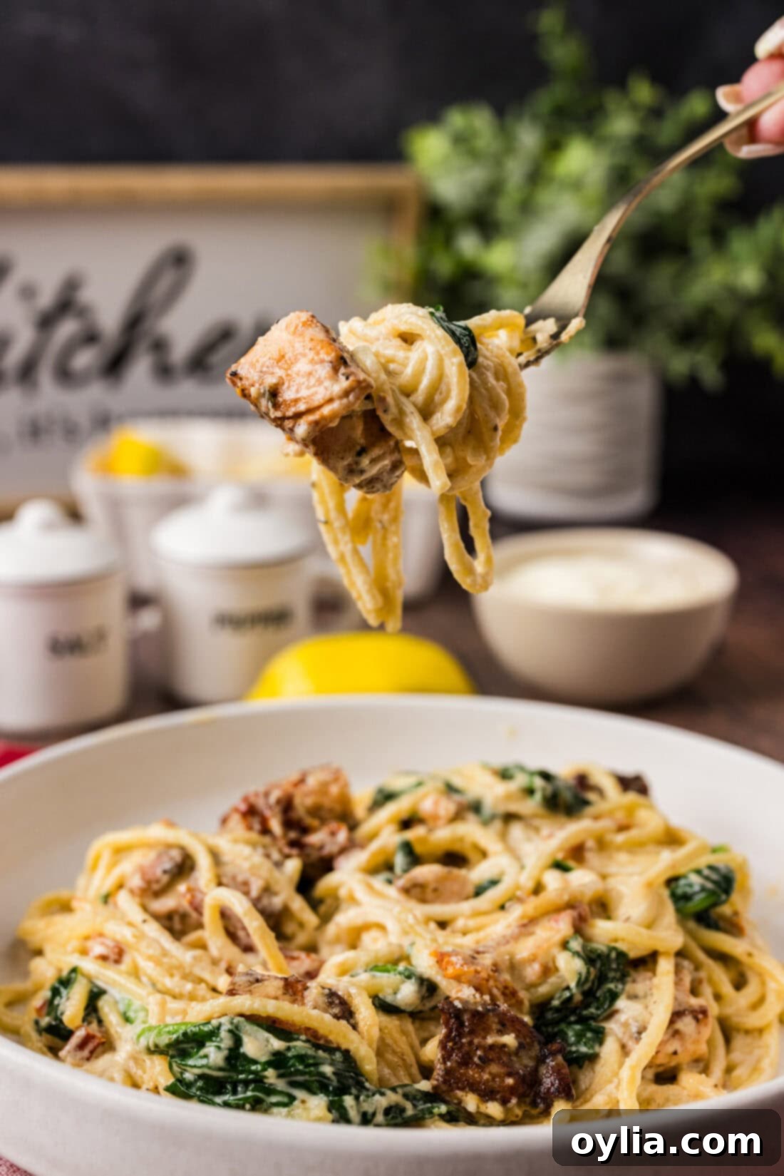 Forkful of Salmon Pasta held above a plate of Salmon Pasta