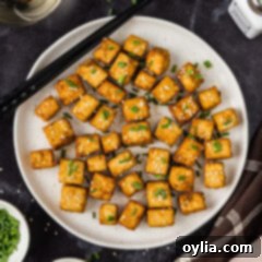 Close up photo of a plate of Crispy Fried Tofu