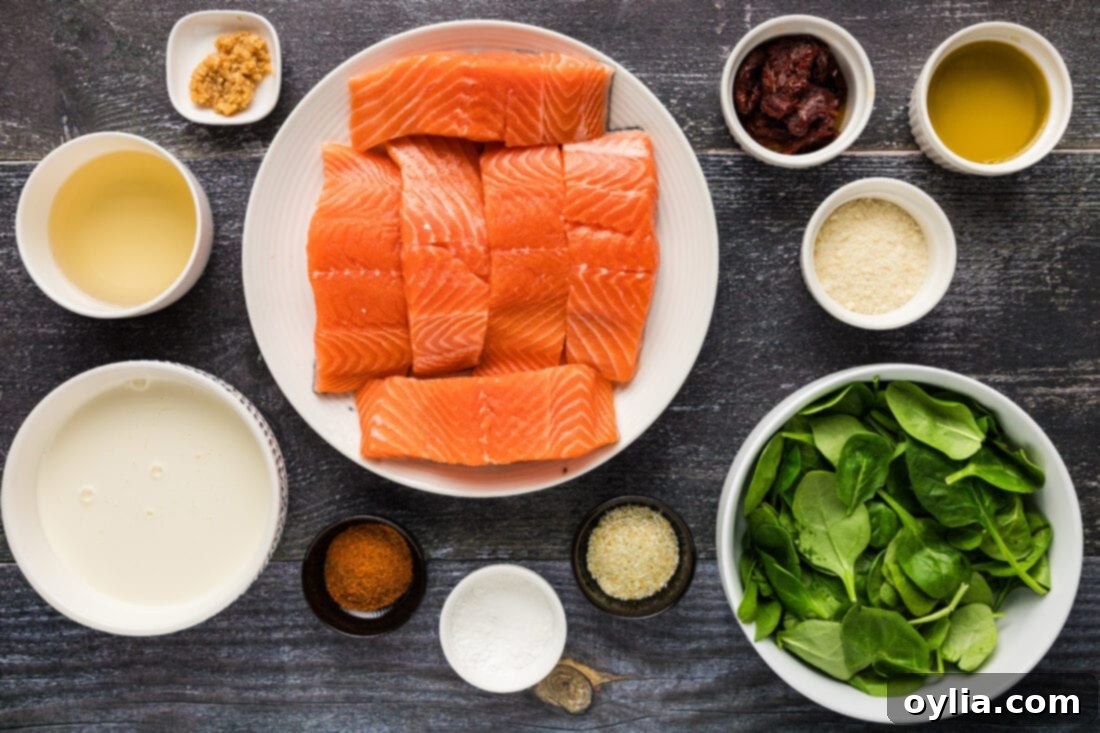 Velvety Salmon 4 A flat lay of all ingredients for creamy salmon including fresh salmon fillets, sun-dried tomatoes, spinach, cream, wine, and seasonings.