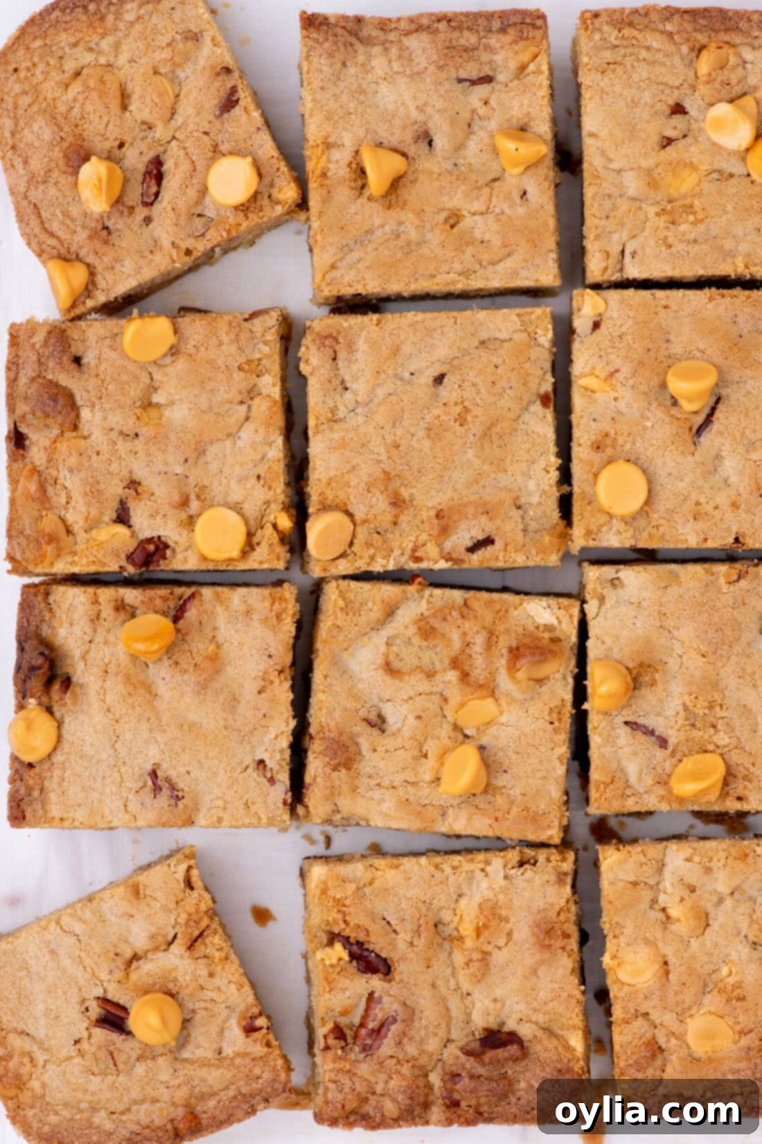 Individual Butterscotch Brownies scattered on parchment paper, ready to be enjoyed