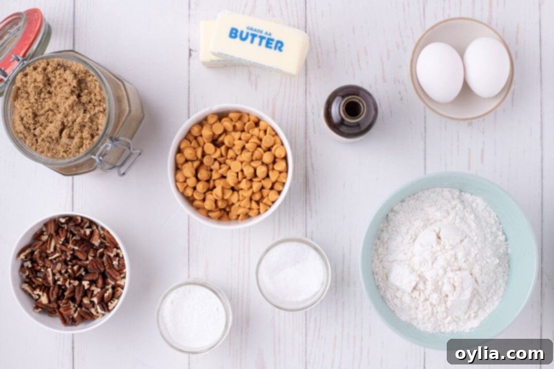 A flat lay photograph showcasing all the ingredients needed for homemade Butterscotch Brownies