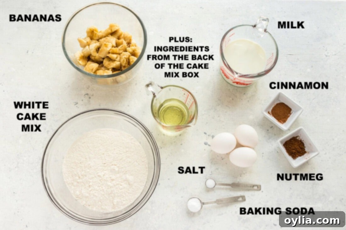 A collection of labeled ingredients including cake mix, spices, bananas, milk, and pudding mix, laid out for an easy banana cake recipe.