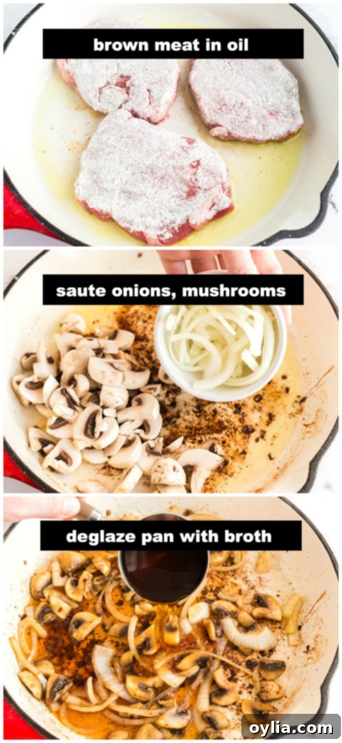 Onions and mushrooms being cooked in a skillet, creating a flavorful base for the gravy.
