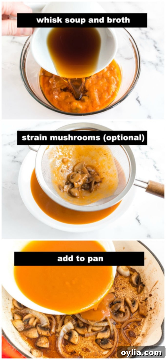 Combining beef broth and Golden Mushroom soup in a bowl to create the rich gravy base.