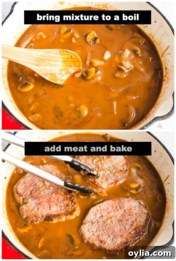 Adding browned meat back into the mushroom gravy in the pan, ready for baking.