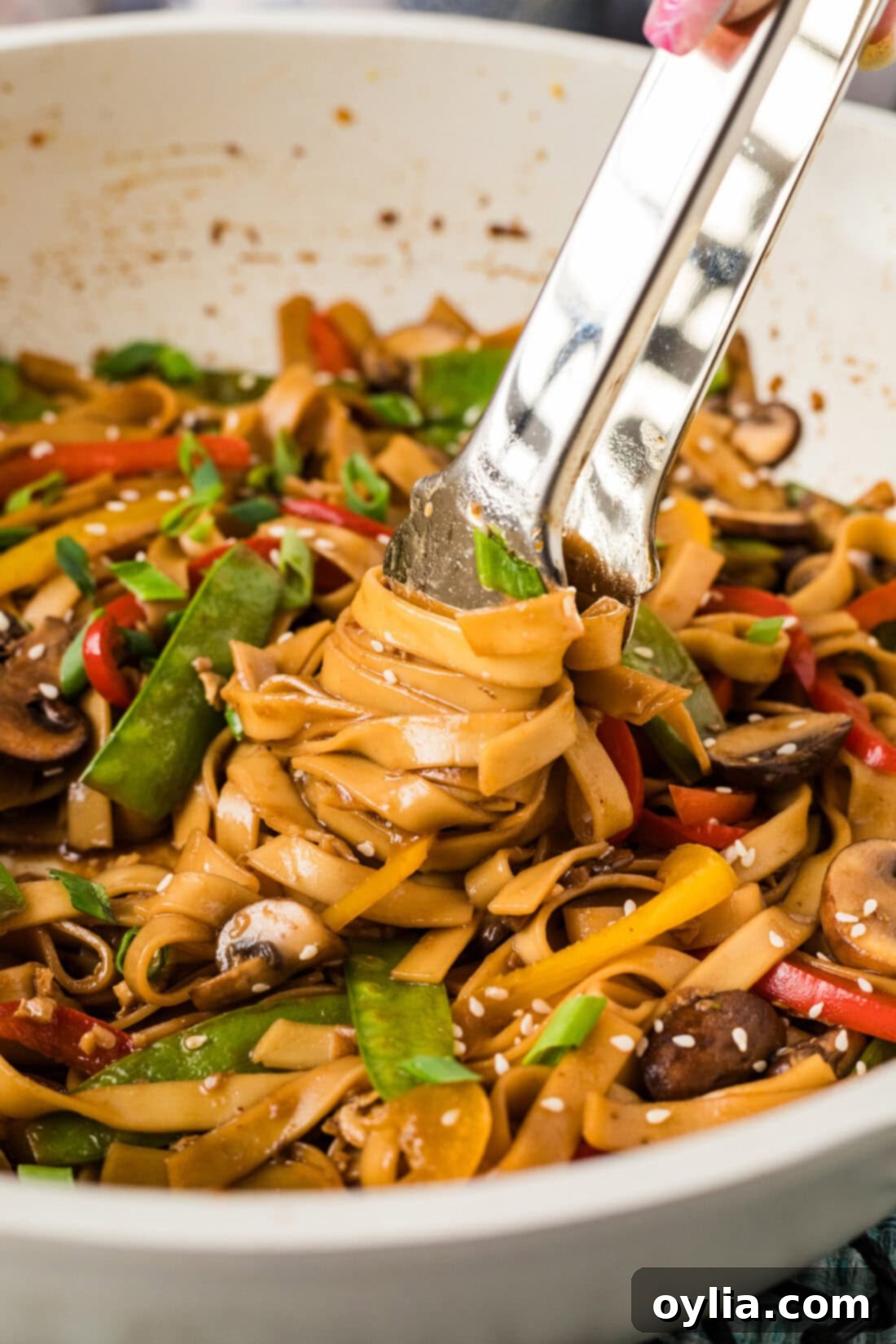 Vibrant Veggie Lo Mein 11 Tongs twisting Vegetable Lo Mein in a skillet