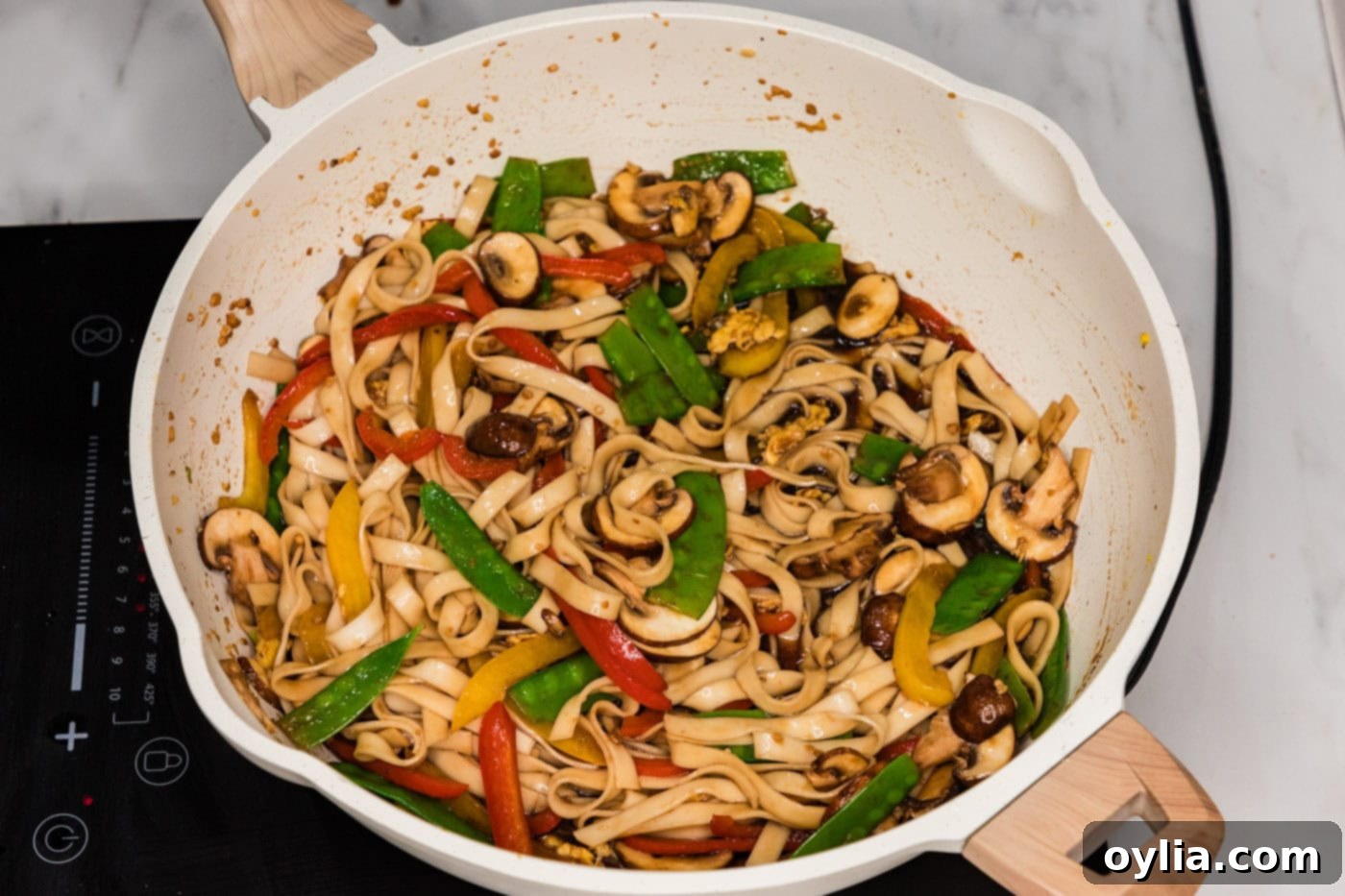 vegetable lo mein in a skillet