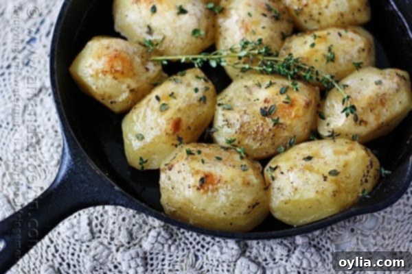 These perfectly golden-brown roast potatoes in a cast iron skillet look incredibly appetizing and delicious!