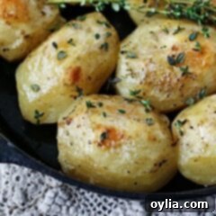 Crispy Skillet Potatoes 9 A close-up photo of a serving of roast potatoes in a cast iron skillet, golden brown and ready to be enjoyed.