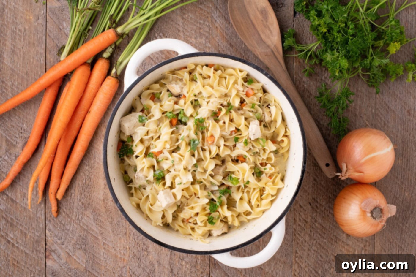 overhead of finished chicken pot pie pasta in a pot