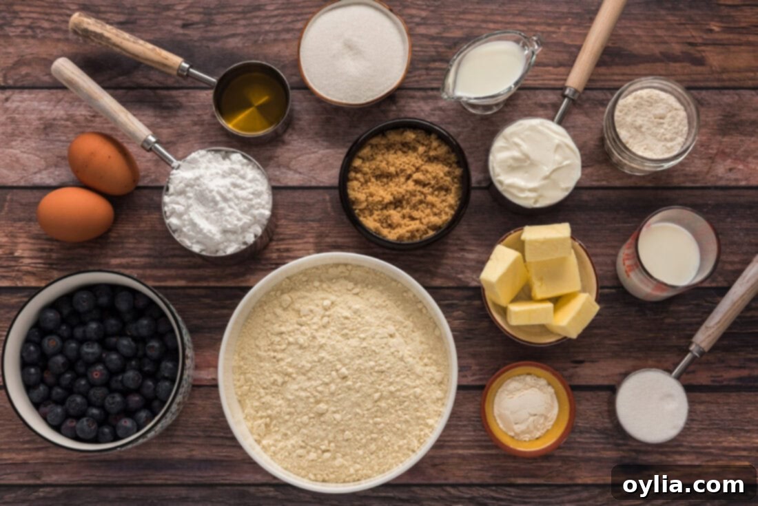 An array of ingredients laid out for making Glazed Lemon Blueberry Cake, including dry mixes, fresh blueberries, and dairy.