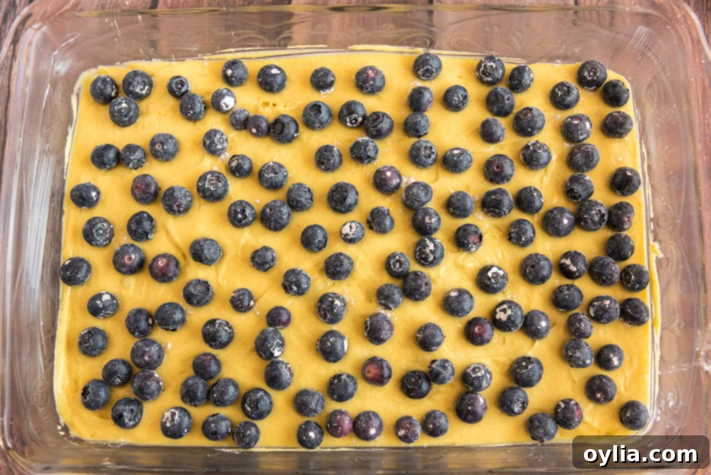 Blueberries sprinkled evenly over lemon cake batter in a baking dish.