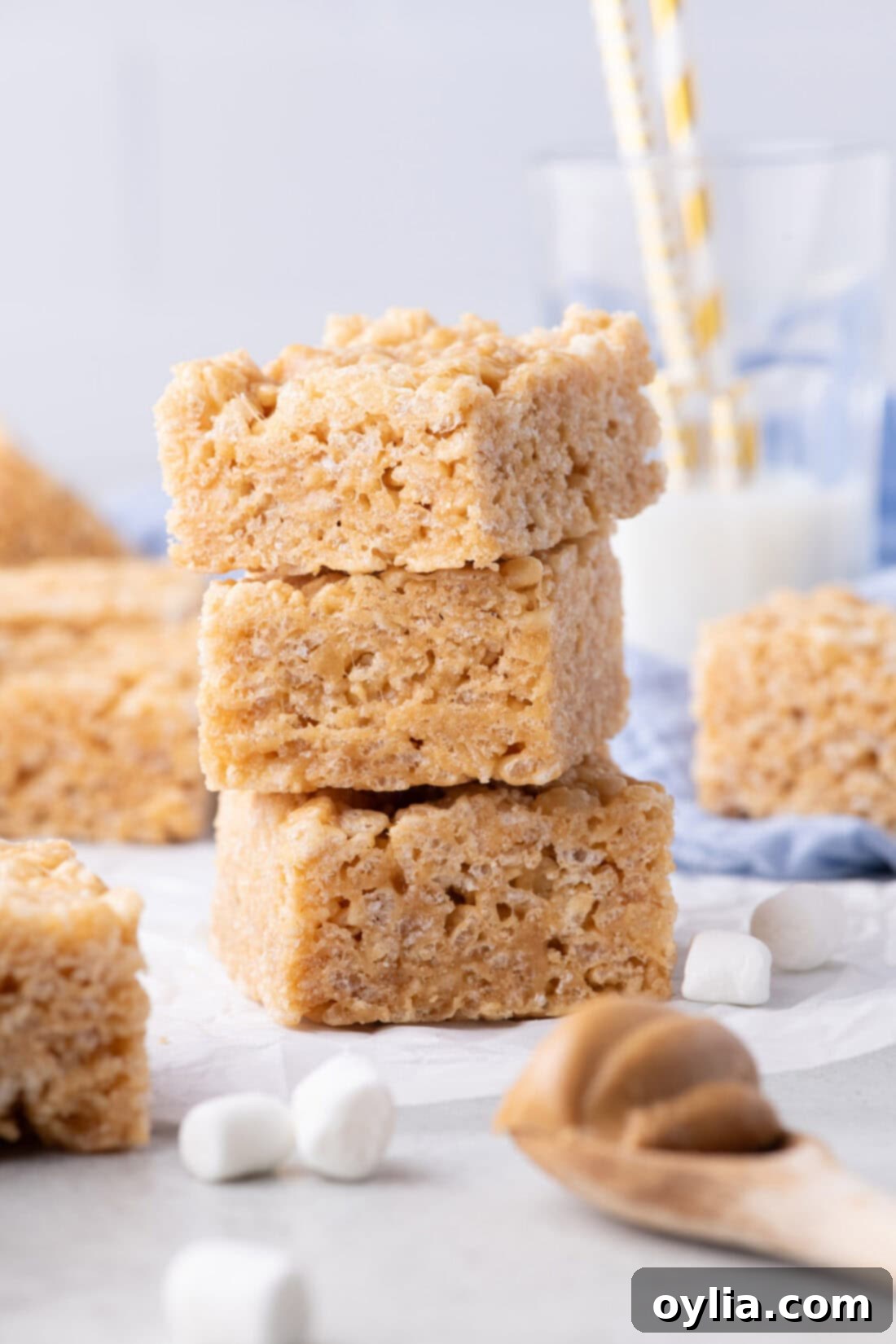 Chewy Peanut Butter Rice Krispie Bars 2 Stack of three Peanut Butter Rice Krispie Treats