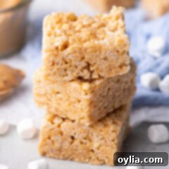 Chewy Peanut Butter Rice Krispie Bars 12 Close up photo of a stack of Peanut Butter Rice Krispie Treats
