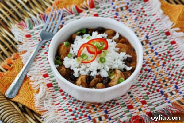 A close up of a white bowl filled with three bean salsa chicken and rice.