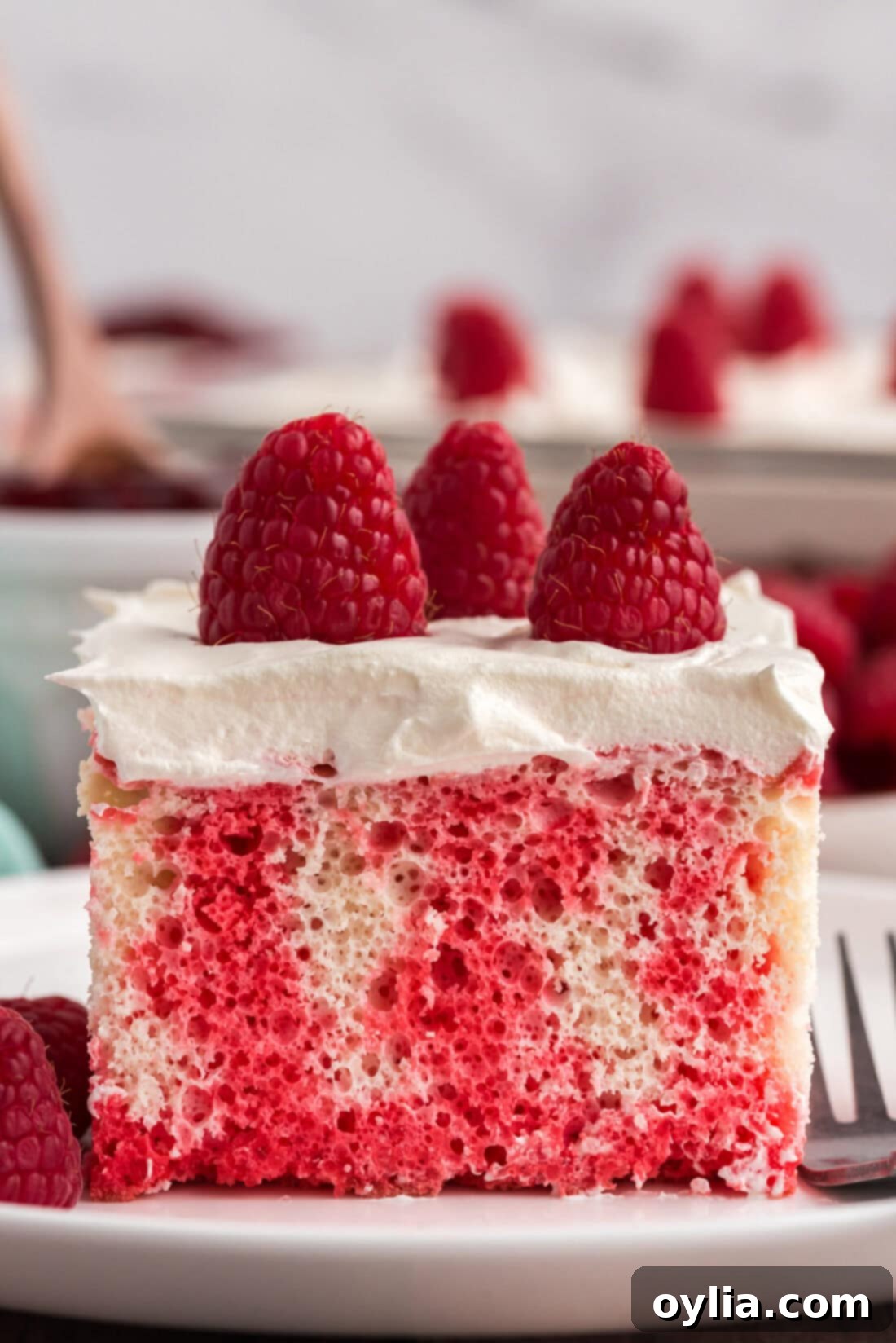 Raspberry Infusion Poke Cake 3 Close-up of a slice of Raspberry Poke Cake on a white plate, showing the layers of cake, Jell-O, Cool Whip, and raspberry topping.