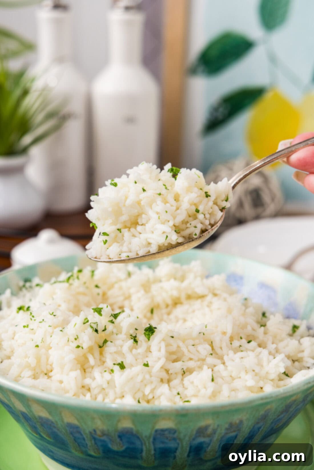 Pasta-Boiled Rice 2 Spoonful of Pasta Method Rice held above a bowl of Pasta Method Rice, showcasing fluffy grains