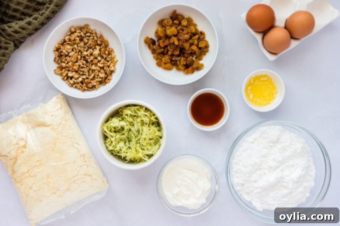 Zucchini Muffins in a Flash 3 Ingredients laid out for Shortcut Zucchini Muffins preparation