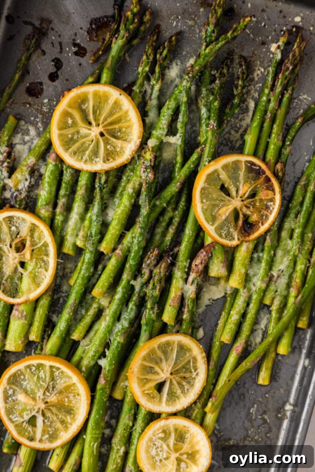 Close up photo of Lemon Asparagus on a sheet pan
