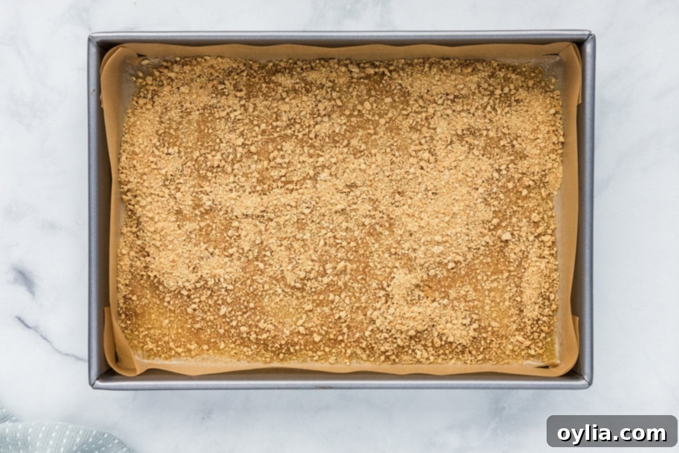 graham cracker crumbs sprinkled over melted butter in a baking pan