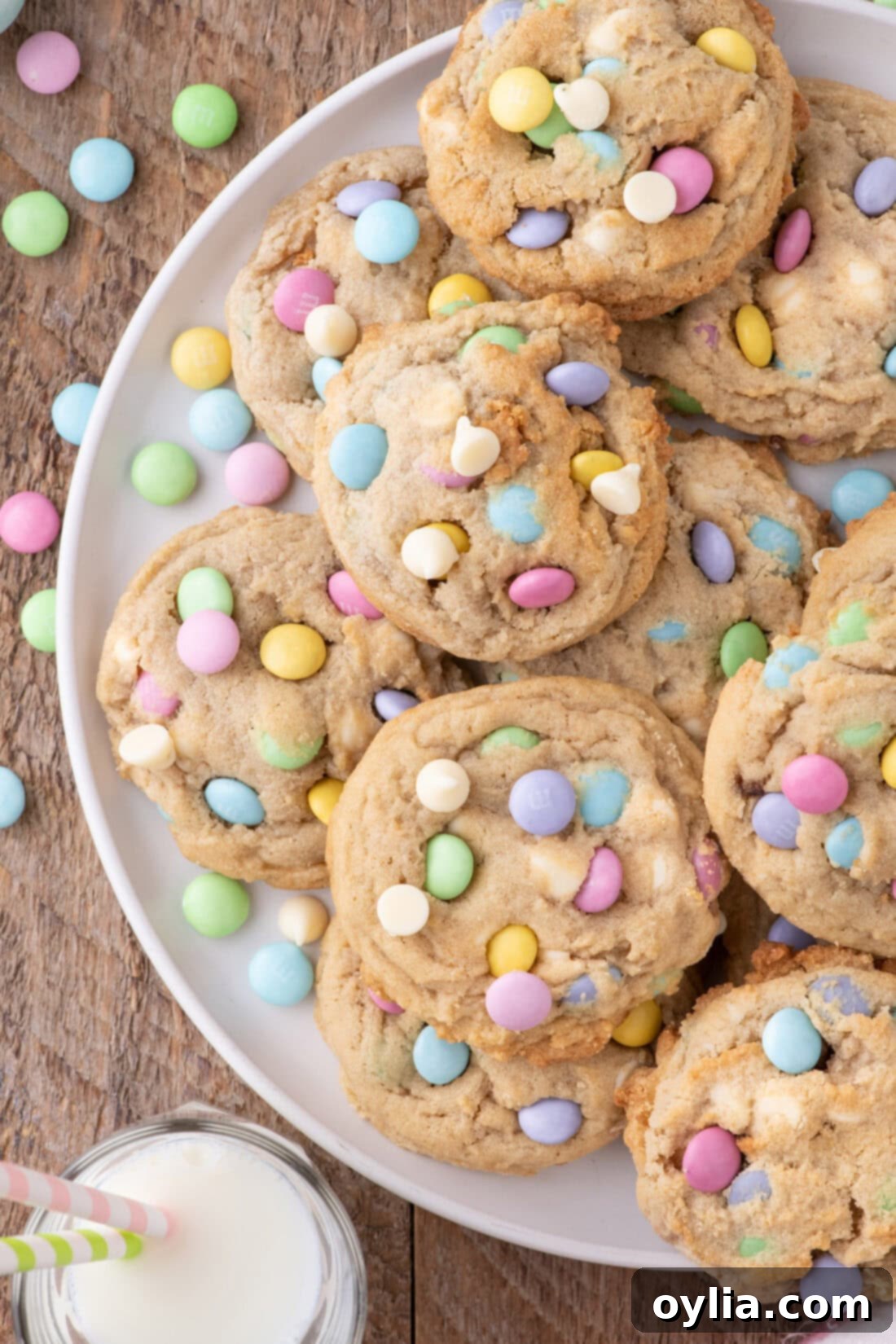 A half plate of colorful Easter M&M Cookies, perfectly baked and ready to be enjoyed.