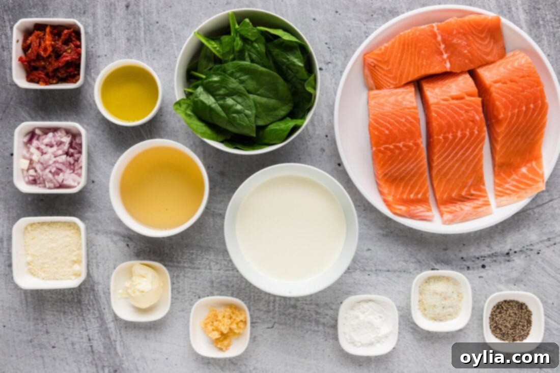 Collection of fresh ingredients for Tuscan Salmon: salmon fillets, sun-dried tomatoes, spinach, garlic, shallots, cream, and wine.