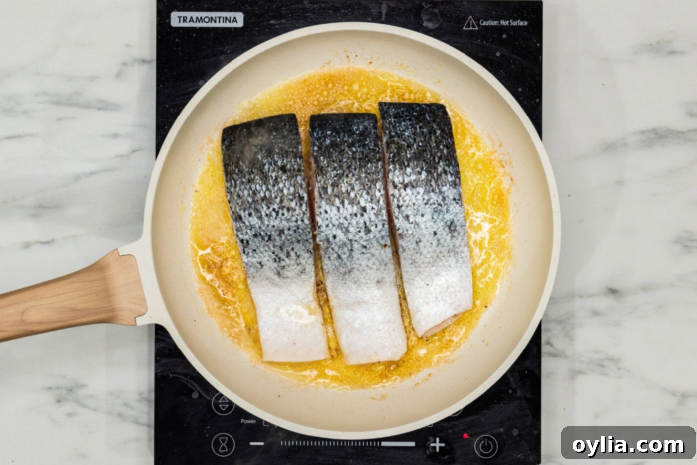 Salmon fillets cooking in a skillet, skin side up, developing a golden crust.
