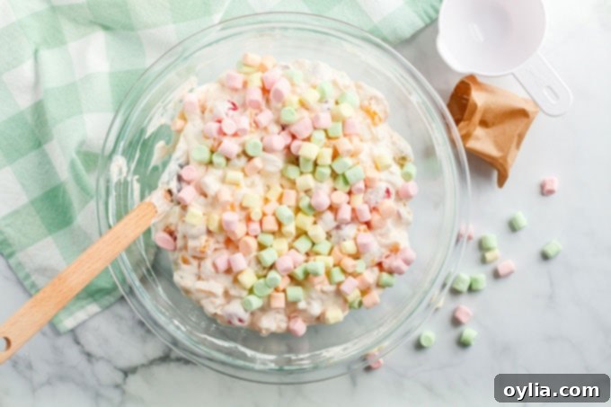 Divine Ambrosia Fruit Medley 7 colorful miniature marshmallows over fruit cocktail
