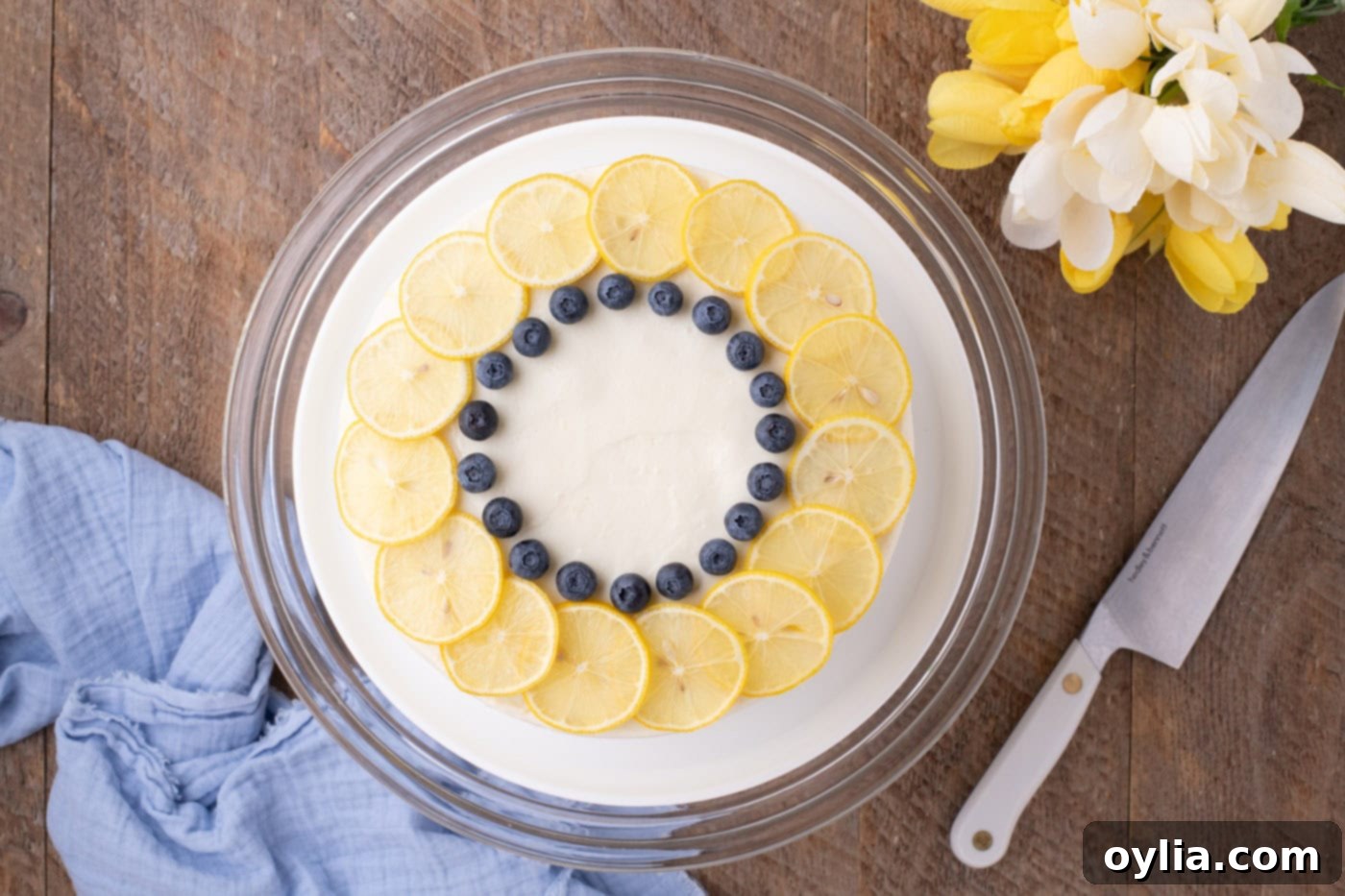 Overhead view of a beautifully frosted lemon poppy seed cake garnished with fresh lemon slices and blueberries