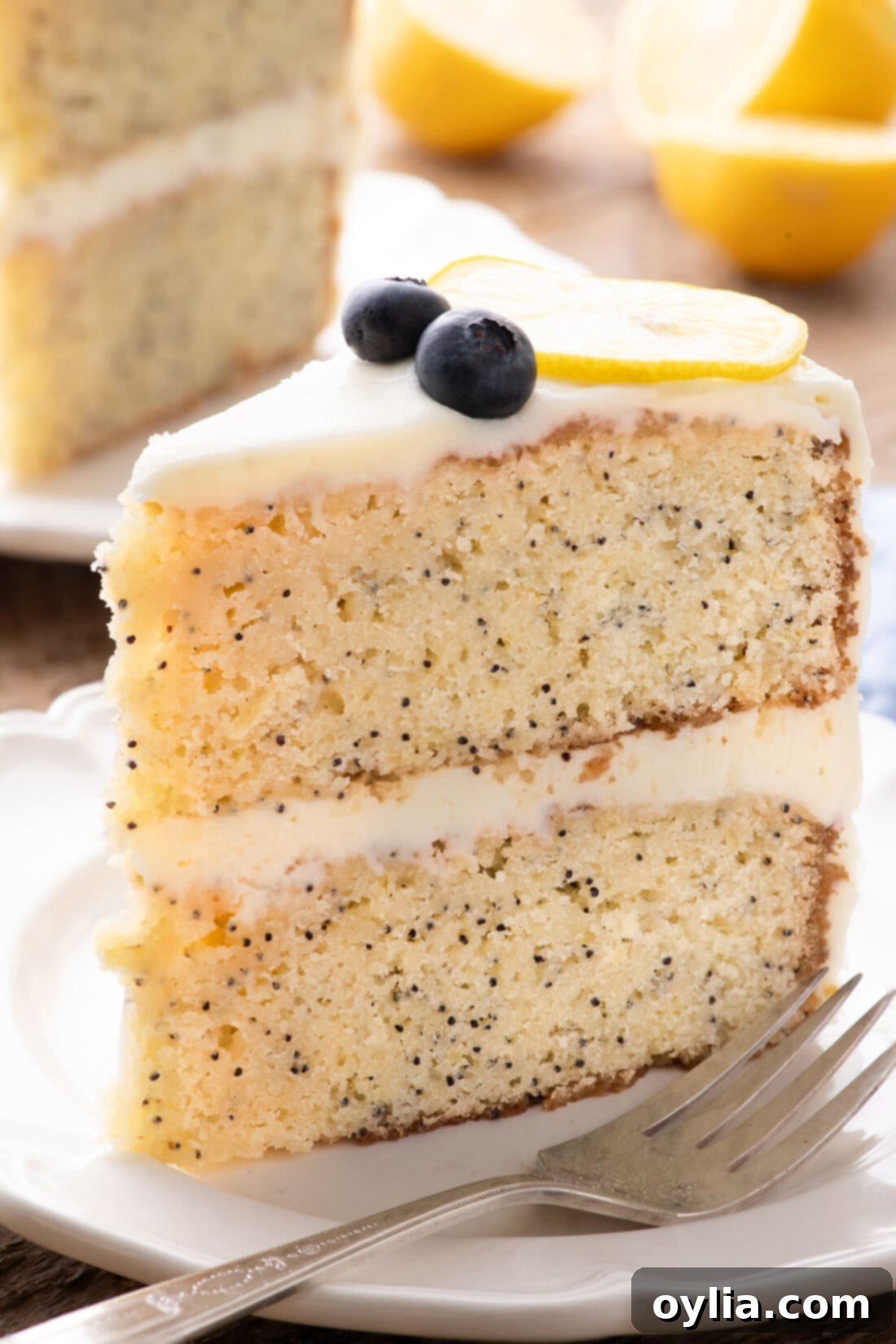 A beautiful slice of Lemon Poppy Seed Cake on a white plate, showcasing the layers of cake and frosting.